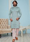 Sky Blue Colour Heavy Traditional Wear Art Silk Lucknowi Work Kurta Pajama Mens Collection 39006
